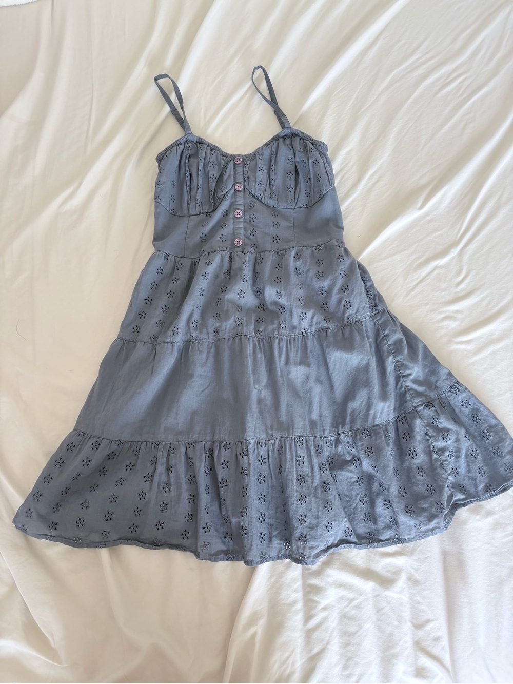 Hollister Dusty Blue Eyelet Tiered Mini Sundress